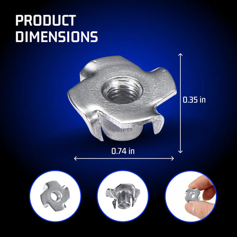 Heavy Duty 304 Stainless Steel T Nuts M6 X 9mm Four Prong Tee Nut Hardware For Wood Composites And Particle Board Rust Proof Fastener, dimensions shown.