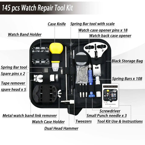 All In One Pro Grade Watch Repair Kit With Carrying Case And 145 Piece Tool Set Including 60 Watch Batteries, Link Removal Tool, Case Opener