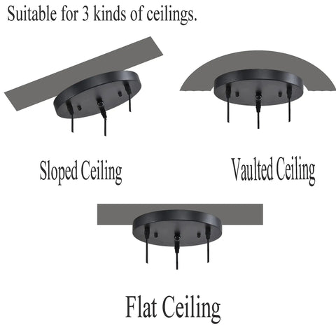 Mounting options for Three Light Modern Glass Pendant Chandelier with Amber Glass Shades on sloped, vaulted, and flat ceilings.