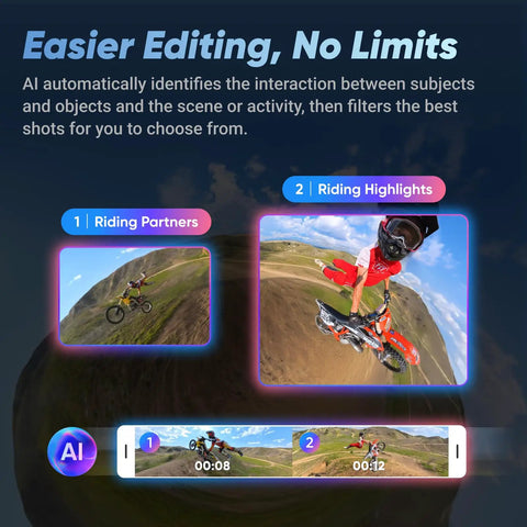 AI editing interface highlighting riding videos from X4 8K 360 Action Camera Bundle With Waterproof Build Pro Grade 4K Wide Angle Video