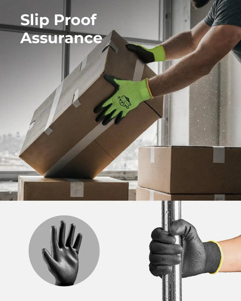 Person wearing Ultra Thin Work Gloves For Men With Grip, 12 Pairs Bulk Pack, lifting box and holding pole, black large size.
