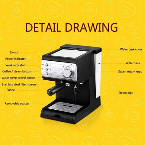 Compact Semi Automatic Coffee Maker With Milk Frother For Espresso Cappuccino Latte Macchiato And More, front view with labeled parts.