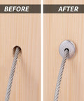 Comparison of cable installation with and without Heavy Duty Marine Grade T316 Stainless Steel Cable Protector Sleeves Kit for wood posts.