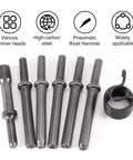 Heavy Duty 7 Piece Pneumatic Air Rivet Hammer Kit With 6 Durable Steel Chisels And Nuts For Smooth Metal Shaping Jobs Perfect For Solid Half Hollow And Hollow Riveting Tasks In Any Workshop Setting, steel heads and spring