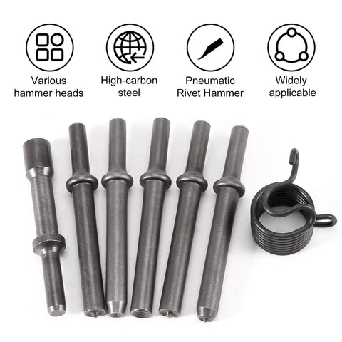 Heavy Duty 7 Piece Pneumatic Air Rivet Hammer Kit With 6 Durable Steel Chisels And Nuts For Smooth Metal Shaping Jobs Perfect For Solid Half Hollow And Hollow Riveting Tasks In Any Workshop Setting, steel heads and spring