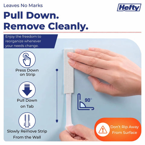 No Drilling Hassle Snap On Your Walls Versatile Adhesive Hooks For Quick Bathroom And Kitchen Refreshes Heavy Duty Grip Keeps Your Place Looking Sharp Total Game Changer For Tight Spots 12 Pack Storm Gray, instruction image showing strong strip removal process.