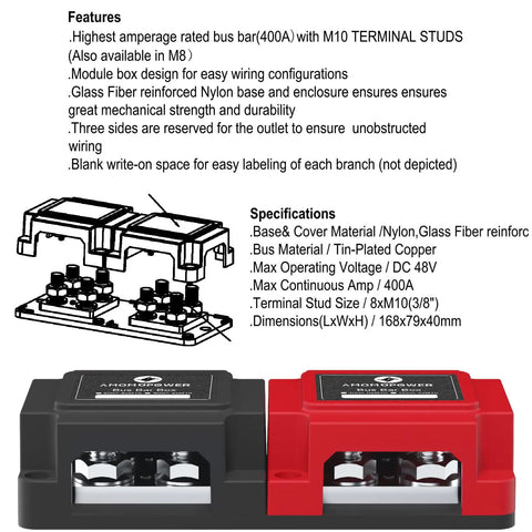 Heavy Duty 400A 12V 48V DC Copper Busbar Power Distribution Block showing two color variants and specifications for vehicle battery setups.