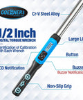 Digital Torque Wrench One Half Inch Drive With Buzzer And LED Indicator Pro Grade Build Twelve And A Half To Two Hundred Fifty Foot Pounds And Seventeen To Three Hundred Forty Newton Meters Electronic Torque Tool With Calibration Certificate Red showing features on LCD screen.