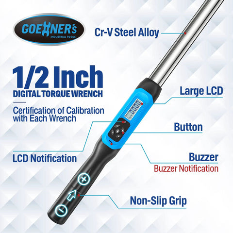 Digital Torque Wrench One Half Inch Drive With Buzzer And LED Indicator Pro Grade Build Twelve And A Half To Two Hundred Fifty Foot Pounds And Seventeen To Three Hundred Forty Newton Meters Electronic Torque Tool With Calibration Certificate Red showing features on LCD screen.