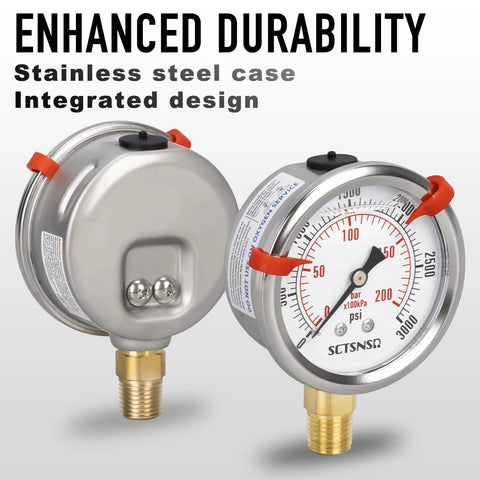 Two glycerin-filled pressure gauges, 0–3000 psi, 2.5-in dial, stainless steel case, 1/4-in NPT lower mount.