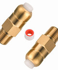 Two brass pressure washer thermal relief valves with 1/4 in NPT threads and white plastic caps