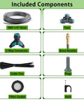 Components of 98 Feet Of 1/4 Inch Quick Connect Drip Irrigation Kit with 16 Adjustable Spray Nozzles for garden use