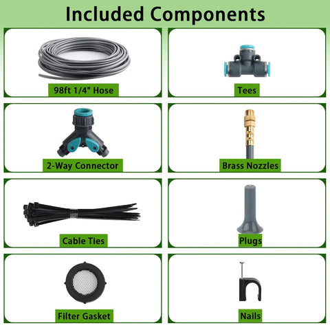 Components of 98 Feet Of 1/4 Inch Quick Connect Drip Irrigation Kit with 16 Adjustable Spray Nozzles for garden use