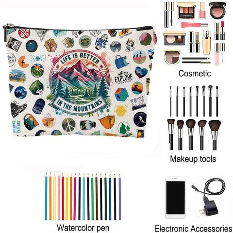 Hiking Makeup Bag For Women Must Have Lightweight Portable Organizer For Hikers And Campers with mountain design and cosmetics
