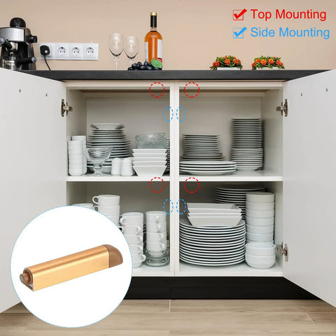 Open kitchen cupboard with Push To Open Door Latch Set Aluminum Alloy Magnetic Latches, gold finish, showing top and side mounting