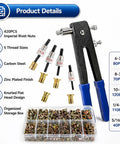 420 Piece Imperial Rivet Nut Kit With Carbon Steel Threaded Inserts, Pro Grade Set shown with manual installer and sizes