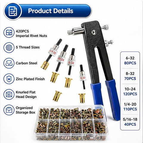 420 Piece Imperial Rivet Nut Kit With Carbon Steel Threaded Inserts, Pro Grade Set shown with manual installer and sizes