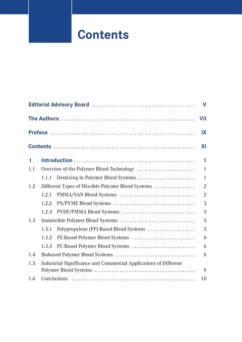 Contents page of Process Induced Phase Separation In Polymer Blends A Down To Earth Guide To Materials Characterization Properties And Real World Applications For Engineers And Researchers
