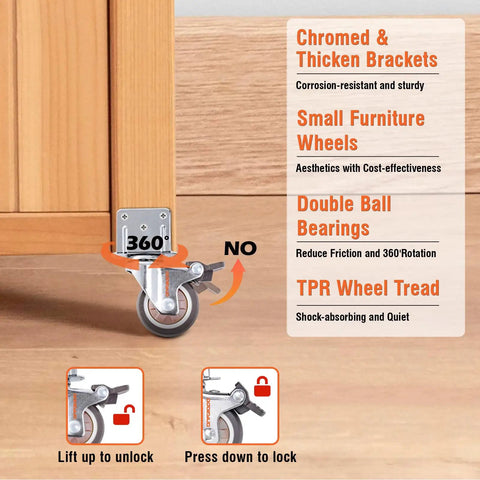 Heavy Duty 2 Inch Side Mount Caster Wheels With Brake installed on furniture, chrome brackets, swivel ball bearings, cushioned rubber tread