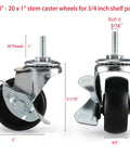 Two Inch Heavy Duty Caster Set Of Four With Rubber Stem Wheels For Wire Shelving Includes Two Brakes And Two Non Brake Casters Easy Installation Uses One Quarter Inch Twenty Thread Stem And One Inch Length Twenty Five Millimeter Compatible With 5 16 18 3, showing side and front view of casters