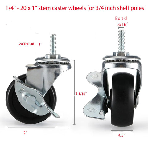 Two Inch Heavy Duty Caster Set Of Four With Rubber Stem Wheels For Wire Shelving Includes Two Brakes And Two Non Brake Casters Easy Installation Uses One Quarter Inch Twenty Thread Stem And One Inch Length Twenty Five Millimeter Compatible With 5 16 18 3, showing side and front view of casters
