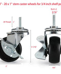 Heavy Duty 2 Inch Caster Wheels With 1/4-20 Threaded Stem Set Of 4 Durable Badass Rubber Treads For Slick Rolling On Wire Shelving Utility Carts And Shop Gear with measurements.