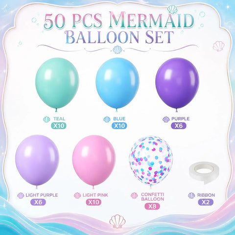Sea Theme Confetti Balloons Party Kit 50Pcs 12 Inch Iridescent Pink Purple Blue Teal For Princess Birthday Bash Decor Ocean Theme