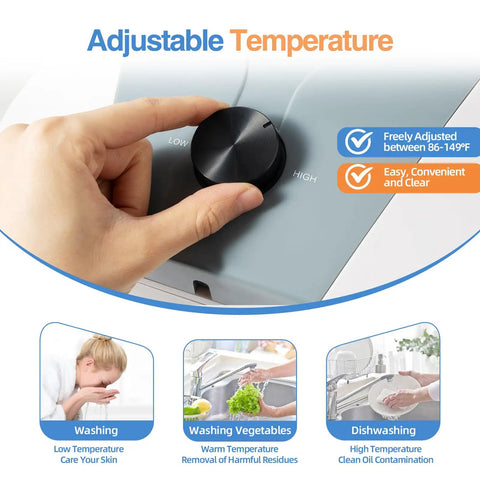 Hand adjusting the temperature knob on Compact Electric Mini Tank Water Heater With Ridiculously Fast 1500W Instant Hot Output.