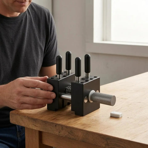 Compact Handheld Metal Vise With Multi Peg Holes For Precision Model Work And Desktop Clamping Projects, Durable Black Mini Bench Tool For Crafters in use.