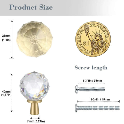 Crystal Glass Cabinet Knobs Set Of 6 With Screws, dimensions and screw size illustration, faceted clear crystal on gold base