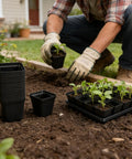 Gardener using 100 Black Square Seedling Pots, 2.6 Inch With Drain Holes, Plus 5 Plastic Seed Starter Trays Propagation Starter Kit