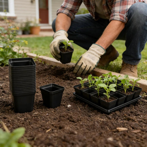 Gardener using 100 Black Square Seedling Pots, 2.6 Inch With Drain Holes, Plus 5 Plastic Seed Starter Trays Propagation Starter Kit