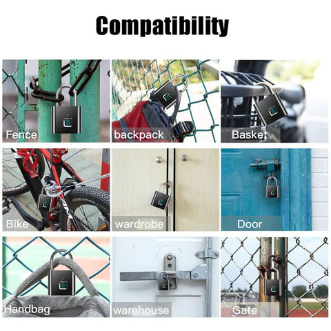 One Touch Fingerprint Lock With USB Charging for various uses including fence, backpack, bike, door, and warehouse security.