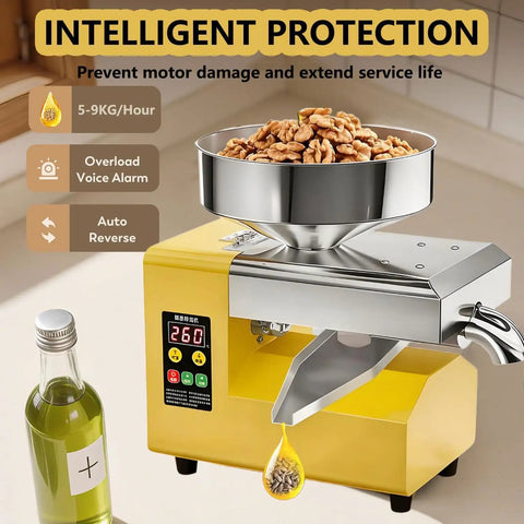 Commercial Grade Cold Press Electric Oil Extraction Machine With 1500W Motor And Quiet Design yielding 5-9KG/hour with walnuts in hopper.