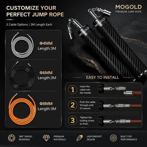 Weighted Jump Rope for HIIT and MMA Training with Carbon Fiber Handle, interchangeable 3m ropes, and installation guide