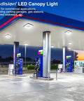 LED Canopy Light 100W Square 10x10 Inches, Gas Station Style With Triple Wattage Options illuminating a gas station canopy.