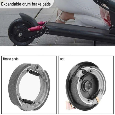 Front Drum Brake Pad For Electric Scooter Replacement Shoe Kit, showcasing brake pads and installation on scooter.