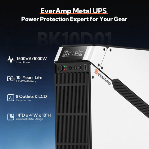 Rock Solid LiFePO4 Ups Battery Backup And Surge Protector With Pure Sine Wave Output And Eight Outlets Dual Metal Case, 14"D x 4"W x 10"H design.
