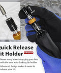 Pro Grade Precision Calibrated Torque Limiting Screwdriver Set With Quarter Inch Hex Bit Holder And Extra T Handle Includes Bits Extension Bar Five To Twenty Five Inch Pounds Range ISO And ASME Certified Accuracy showing quick release bit holder