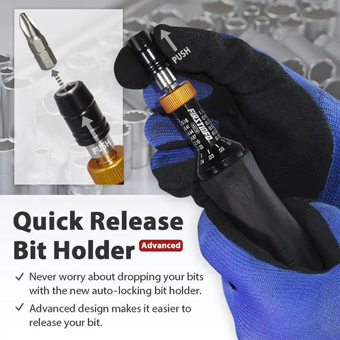 Pro Grade Precision Calibrated Torque Limiting Screwdriver Set With Quarter Inch Hex Bit Holder And Extra T Handle Includes Bits Extension Bar Five To Twenty Five Inch Pounds Range ISO And ASME Certified Accuracy showing quick release bit holder