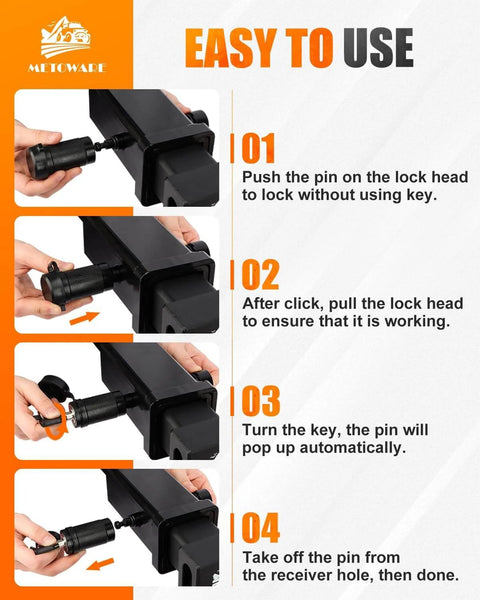 Instructions for using Push To Lock Trailer Hitch Lock For 2 Inch And 2.5 Inch Receiver 5/8 Inch Pin Anti Theft With O Rings Keyless Security