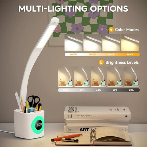 Upgraded 10W USB Desk Lamp With Clock Pen Holder Timer And Ambient Color Night Light For Kids And Home Office Space Saving Dimmable