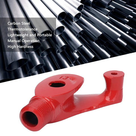 Heavy Duty Manual Pipe Bender Made From Heat Treated Carbon Steel For Precise Plumbing And Electrical Work Accurately Bends Galvanized And Aluminum Conduit Through 180 Degrees Essential Tool For Pros with red bender against black pipes.