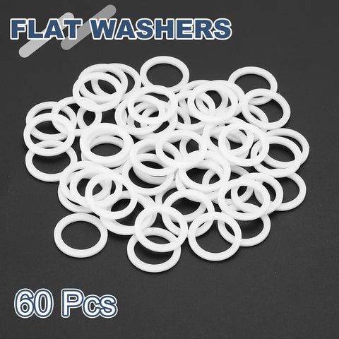 PTFE Flat Washers 60 Pack M13 White O Ring Sealing Gaskets And Heavy Duty Spacers For Faucets Pipes Valves on black background.