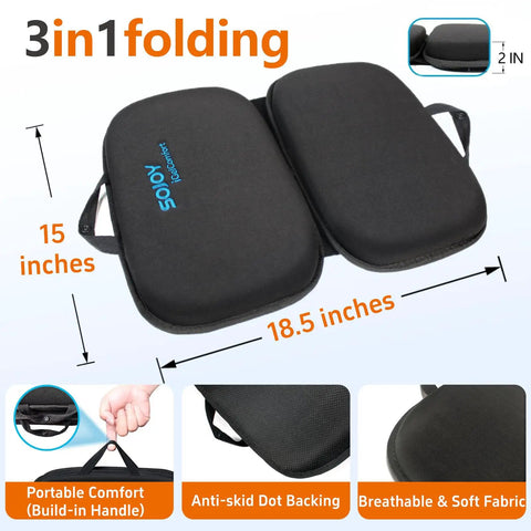Sojoy Gel Comfort Foldable Seat Cushion With Memory Foam for Tailbone Support, 15x18.5 inches, portable black design.