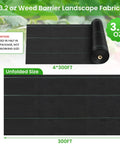 Heavy Duty Weed Barrier Fabric 3.2oz Landscape Material for Garden Beds and Driveways rolled out, 4ft x 300ft size shown