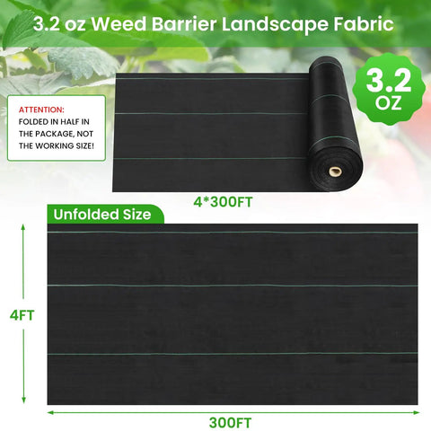 Heavy Duty Weed Barrier Fabric 3.2oz Landscape Material for Garden Beds and Driveways rolled out, 4ft x 300ft size shown