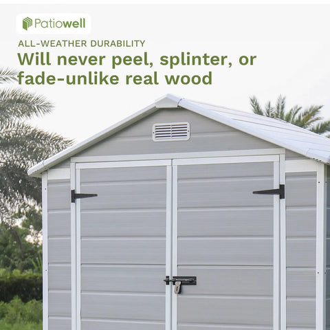6x4 Ft Resin Outdoor Storage Shed With Floor Lockable Door Weatherproof Plastic Shed front view garden background