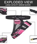 Exploded view of archery hip quiver with three detachable arrow tubes, adjustable nylon pockets, and pink accents for youth and adults.