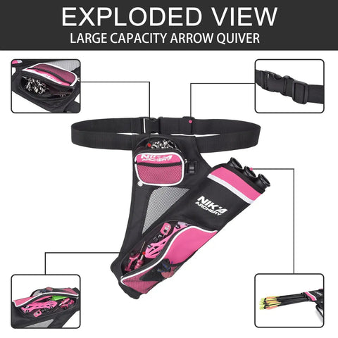 Exploded view of archery hip quiver with three detachable arrow tubes, adjustable nylon pockets, and pink accents for youth and adults.